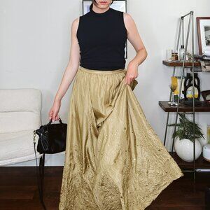 Y2K Golden Olive Crinkle Silk Maxi Skirt